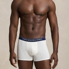 Model wearing Ralph Lauren Boxers Multi Pack in white with navy branded waistband, cropped torso view.