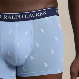 Model wearing Ralph Lauren Boxers Multi Pack in light blue with all-over pony print and navy branded waistband.