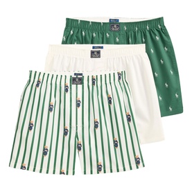 Ralph Lauren Boxers 3Pk in green stripe, white, and green Polo Bear all-over print, elasticated waistbands