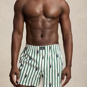 Model wearing Ralph Lauren Boxers 3Pk in green and white stripe with allover bear print, elasticated waistband visible.