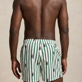 Model wearing Ralph Lauren Boxers, green and white stripe with navy all-over print, rear view, waistband visible