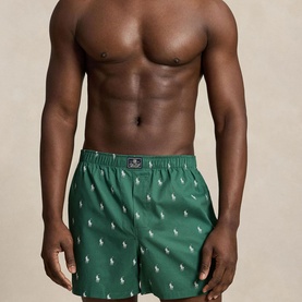 Model wearing Ralph Lauren Boxers 3Pk in green with all-over white pony print, elasticated waistband with logo detail.