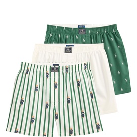 Ralph Lauren Boxers 3Pk in green stripe, white, and green Polo Bear all-over print, elasticated waistbands