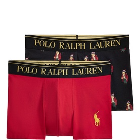 Polo Ralph Lauren red and navy boxer trunks 2-pack with logo waistbands, one plain red with gold pony logo, one with allover print.