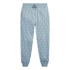 Ralph Lauren cool grey blue pyjama bottoms with all-over logo print, elasticated waistband with drawstring, and ribbed cuffs.