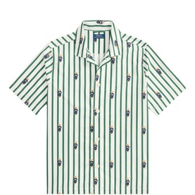 Ralph Lauren pyjama top in verano green and white vertical stripes with all-over bear motif print, short sleeves and camp collar