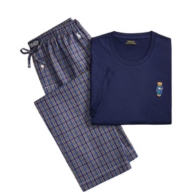 Ralph Lauren Pyjamas Set in navy, featuring Bear graphic tee and navy blue brown multi plaid woven trousers with drawstring waist