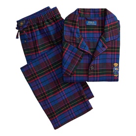 Polo Ralph Lauren blue tartan plaid pyjama set with shirt and trousers, featuring embroidered Polo Bear detail on chest pocket