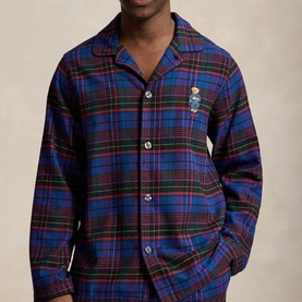 Model wearing blue and red tartan plaid long-sleeve shirt with Polo Bear embroidery, button-front, notched collar