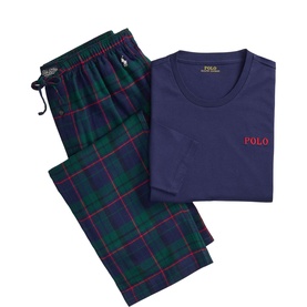 Polo Ralph Lauren navy blue crew neck tee and green tartan plaid pyjama set with red logo embroidery and drawstring waist