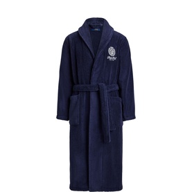 Ralph Lauren Cruise Navy terry cloth robe with shawl collar, tie belt, chest logo embroidery, and patch pockets.
