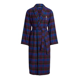 Polo Ralph Lauren blue tartan plaid belted robe with shawl collar, small embroidered chest logo, long sleeves, and tie waist