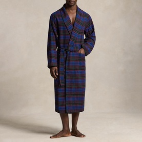 Model wearing blue and red tartan plaid robe with shawl collar, tie waist, and side pockets, full length