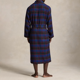 Model wearing blue and red tartan plaid belted robe, knee-length with shawl collar, shown from behind