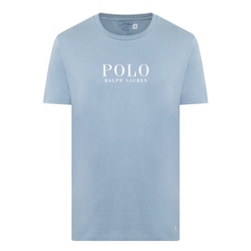 Ralph Lauren Script Logo Jersey Sleep Shirt in Cool Grey Blue, ribbed crew neck, short sleeves, white logo print to chest