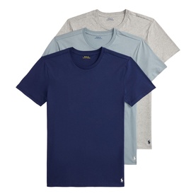 Polo Ralph Lauren 3-pack crew neck T-shirts in navy, pale blue, and grey marl, each with embroidered pony logo