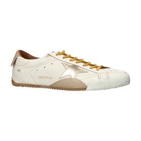 Golden Goose white leather low-top trainers with gold star detail, yellow laces, tan suede heel tab, and gum sole