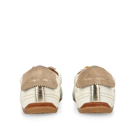 Golden Goose men's white loafers, rear view, featuring tan suede heel trim, gold metallic leather panels and tan rubber sole.