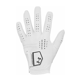 Under Armour golf glove in white, perforated leather palm, ventilation holes, logo patch at wrist, small size