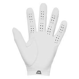 Under Armour golf glove in white, palm view showing perforated leather detailing across fingers and palm