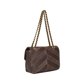 Valentino Oak Brown suede leather shoulder bag with chevron quilting and gold-tone chain strap, angled side view