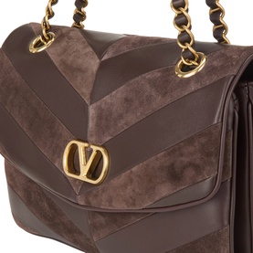 Valentino oak brown suede and leather shoulder bag with chevron panels, gold-tone VLogo clasp and chain strap