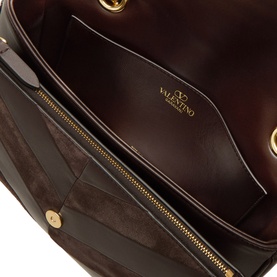 Valentino Oak Brown suede leather shoulder bag, open interior view showing gold-tone zip pocket and branded tan leather lining