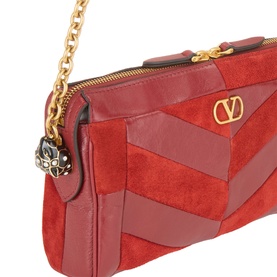 Valentino blood red leather and suede chevron patchwork shoulder bag, gold chain strap, VLogo charm, zip closure