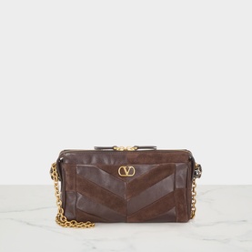 Valentino Panthea Suede Small Shoulder Bag in Oak Brown with chevron panels, gold-tone chain strap and V-logo hardware