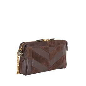 Valentino Panthea Suede Small Shoulder Bag in Oak Brown with chevron panels, gold-tone chain strap and V-logo hardware