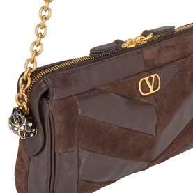 Valentino Panthea Suede Small Shoulder Bag in Oak Brown, gold-tone chain strap, V-logo hardware, chevron suede and leather panels