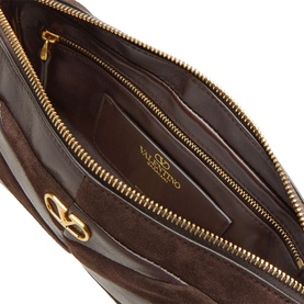 Valentino Panthea Suede Small Shoulder Bag in Oak Brown, open interior view showing gold-tone zip, card slots and V-logo hardware detail