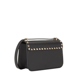 Valentino Rockstud nero leather shoulder bag, gold-tone pyramid studs along flap edge, top handle and detachable crossbody strap