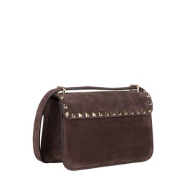 Valentino Rockstud Small Suede Shoulder Bag in Oak Brown with gold-tone pyramid studs along flap edge and adjustable shoulder strap