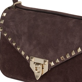 Valentino Rockstud Small Suede Shoulder Bag in Oak Brown with gold-tone stud trim and clasp closure, close-up detail view