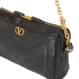 Valentino Nero nappa leather shoulder bag with gold-tone chain strap, VLogo charm, and diagonal quilted stitching detail