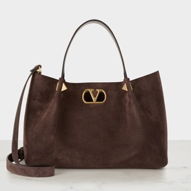 Valentino Oak Brown suede tote bag with gold VLogo hardware, corner stud detail, top handles and detachable crossbody strap