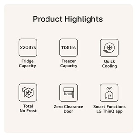 LG 333L Freestanding Fridge Freezer Matte Black feature highlights: 220L fridge, 113L freezer, quick cooling, total no frost, zero clearance door