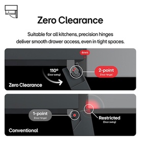 LG 333L Freestanding Fridge Freezer Matte Black zero clearance feature diagram showing 110&deg; door swing with 4mm precision hinge vs conventional
