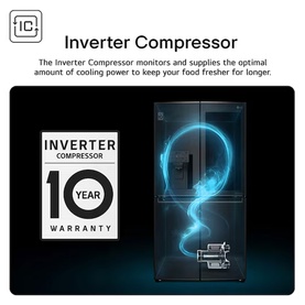 LG 333L Freestanding Fridge Freezer in Matte Black, shown with Inverter Compressor branding and 10-year warranty badge