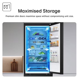 LG 333L Freestanding Fridge Freezer in Matte Black, open door showing illuminated interior with fully stocked shelves and blue LED lighting