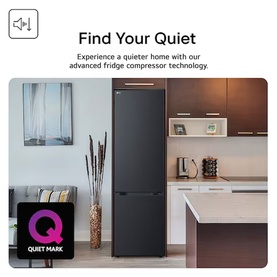 LG 333L Freestanding Fridge Freezer in matte black, shown in a modern kitchen setting with Quiet Mark accreditation badge