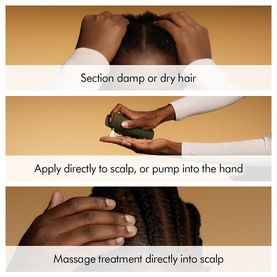 Three-step scalp treatment how-to: sectioning hair, dispensing product from dark green pump bottle, and massaging into scalp