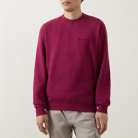 Model wearing Calvin Klein 350 Logo Sweatshirt in Rhododendron, crew neck with tonal chest logo, styled with light grey trousers.