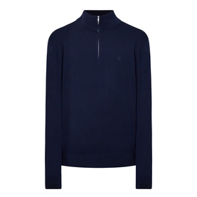 Calvin Klein Monogram Logo Half-Zip Sweater in Dark Sapphire, funnel neck, half-zip placket, tonal chest logo, ribbed trims