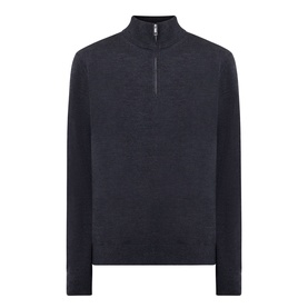 Calvin Klein Monogram Logo Half-Zip Sweater in Gunmetal Heather, funnel neck, half-zip placket, ribbed trims, 100% wool knit