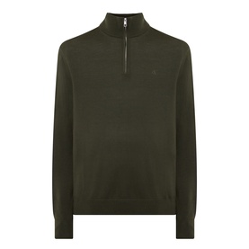 Calvin Klein Monogram Logo Half-Zip Sweater in Olive Night, funnel neck, half-zip placket, tonal chest logo, ribbed trims