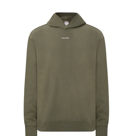 Calvin Klein olive cotton blend hoodie with small chest logo print and kangaroo pocket, relaxed fit