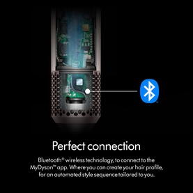 Dyson hair tool internal components highlighted with Bluetooth connectivity graphic and Perfect Connection text on black background