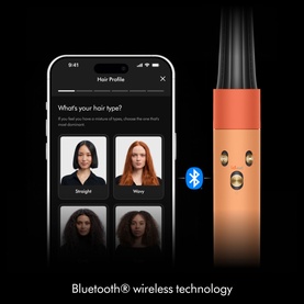Copper-toned hair styling device shown alongside smartphone displaying Bluetooth hair profile app with hair type selection screen.